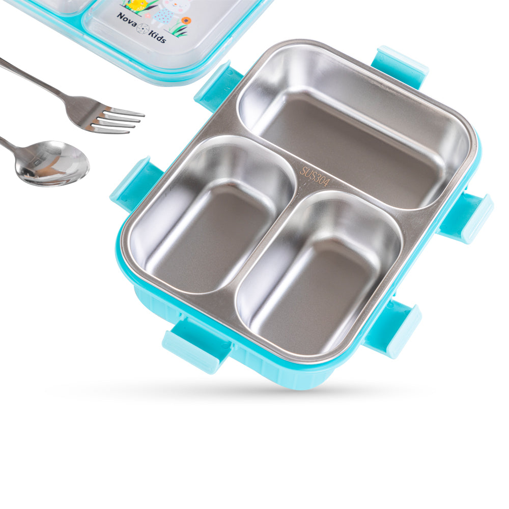NOVA KIDS Stainless Steel 3 Compartment Bento Lunch Box w/ Water Bottle, Spoon & Fork Set - Blue