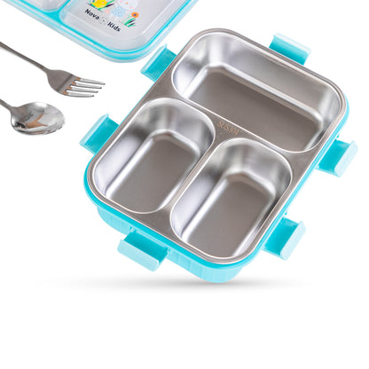 NOVA KIDS Stainless Steel 3 Compartment Bento Lunch Box w/ Water Bottle, Spoon & Fork Set - Blue