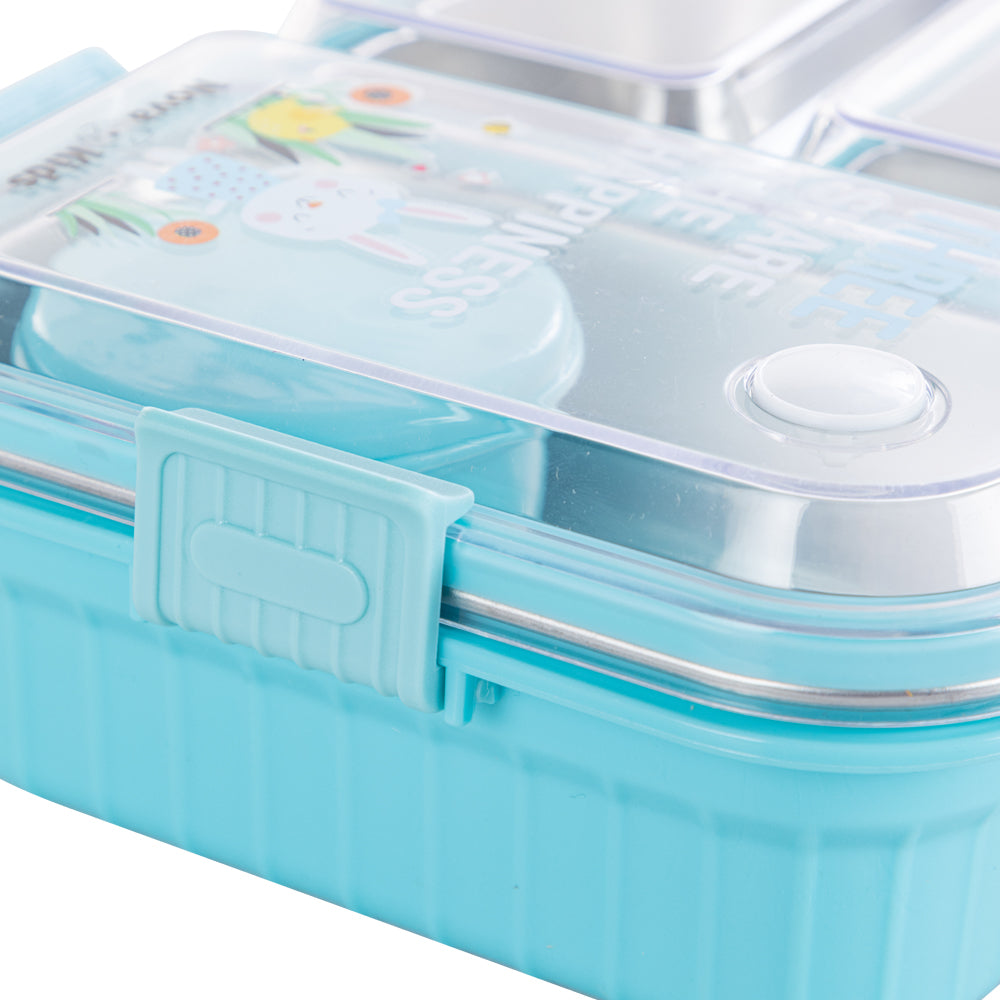 NOVA KIDS Stainless Steel 3 Compartment Bento Lunch Box w/ Water Bottle, Spoon & Fork Set - Blue