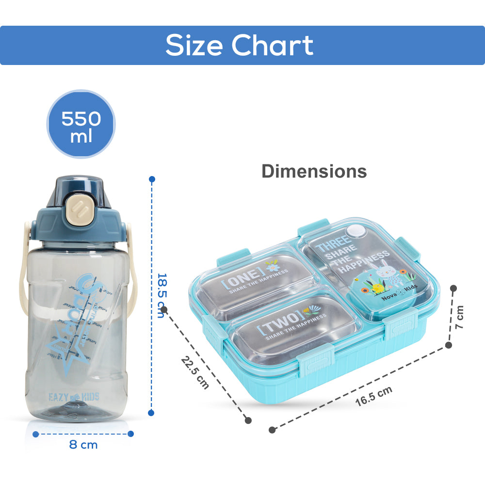 NOVA KIDS Stainless Steel 3 Compartment Bento Lunch Box w/ Water Bottle, Spoon & Fork Set - Blue