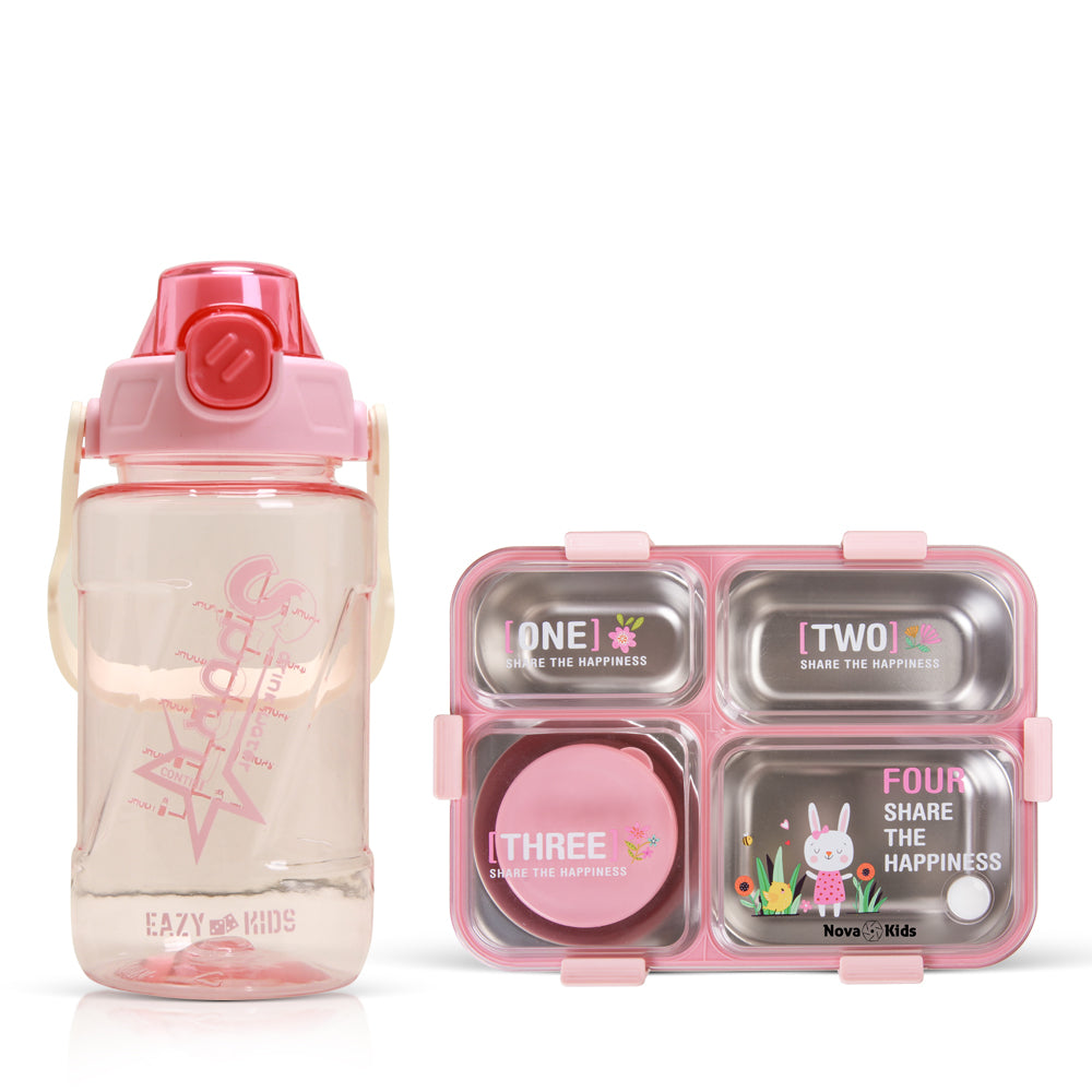 NOVA KIDS Stainless Steel 3 Compartment Bento Lunch Box w/ Water Bottle, Spoon & Fork Set - Pink