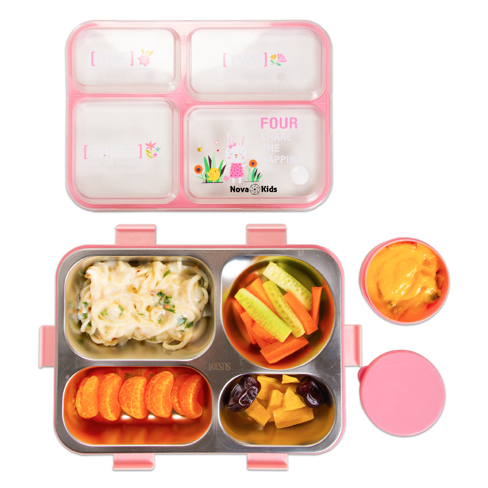 NOVA KIDS Stainless Steel 3 Compartment Bento Lunch Box w/ Water Bottle, Spoon & Fork Set - Pink
