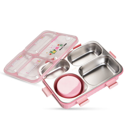 NOVA KIDS Stainless Steel 3 Compartment Bento Lunch Box w/ Water Bottle, Spoon & Fork Set - Pink
