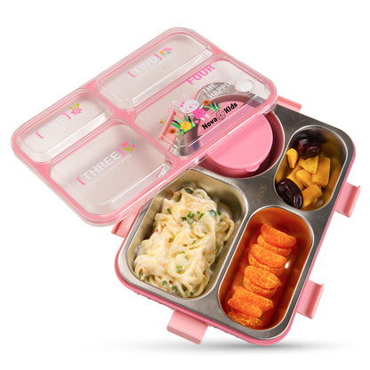 NOVA KIDS Stainless Steel 3 Compartment Bento Lunch Box w/ Water Bottle, Spoon & Fork Set - Pink