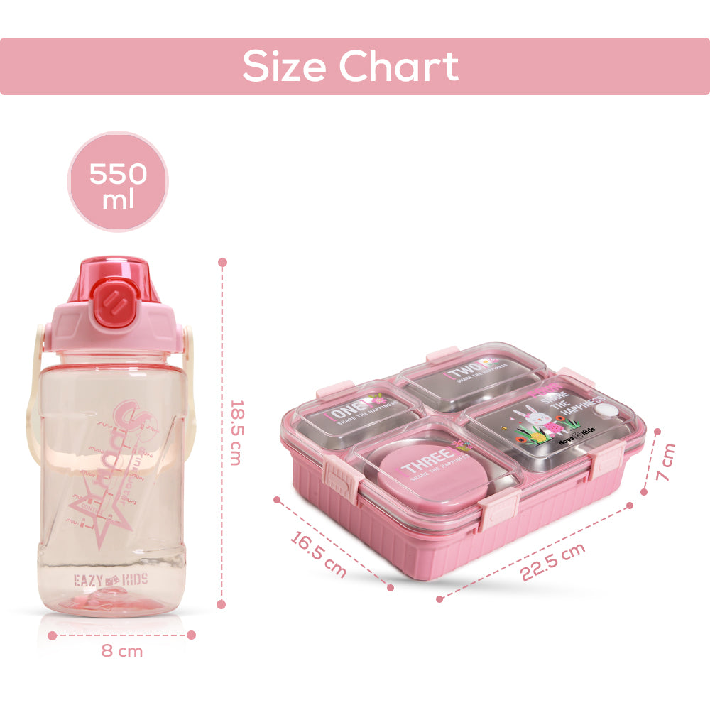 NOVA KIDS Stainless Steel 3 Compartment Bento Lunch Box w/ Water Bottle, Spoon & Fork Set - Pink