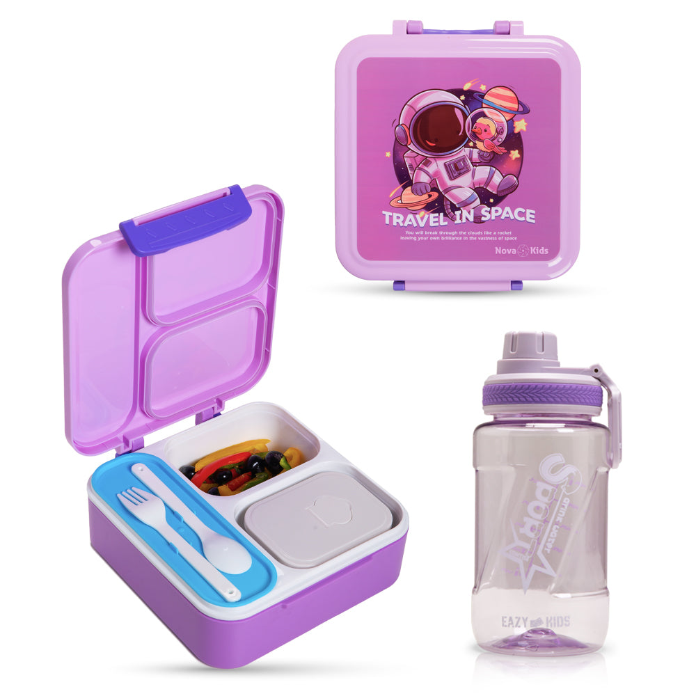 NOVA KIDS 3 Compartment Bento Lunch Box w/ Water Bottle, Spoon & Fork Set and Stainless Steel Jar - Astronaut Purple