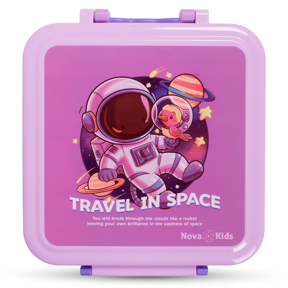 NOVA KIDS 3 Compartment Bento Lunch Box w/ Water Bottle, Spoon & Fork Set and Stainless Steel Jar - Astronaut Purple