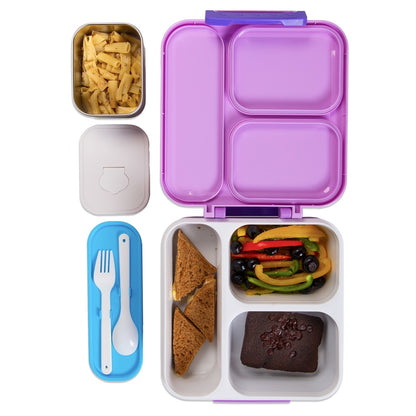 NOVA KIDS 3 Compartment Bento Lunch Box w/ Water Bottle, Spoon & Fork Set and Stainless Steel Jar - Astronaut Purple