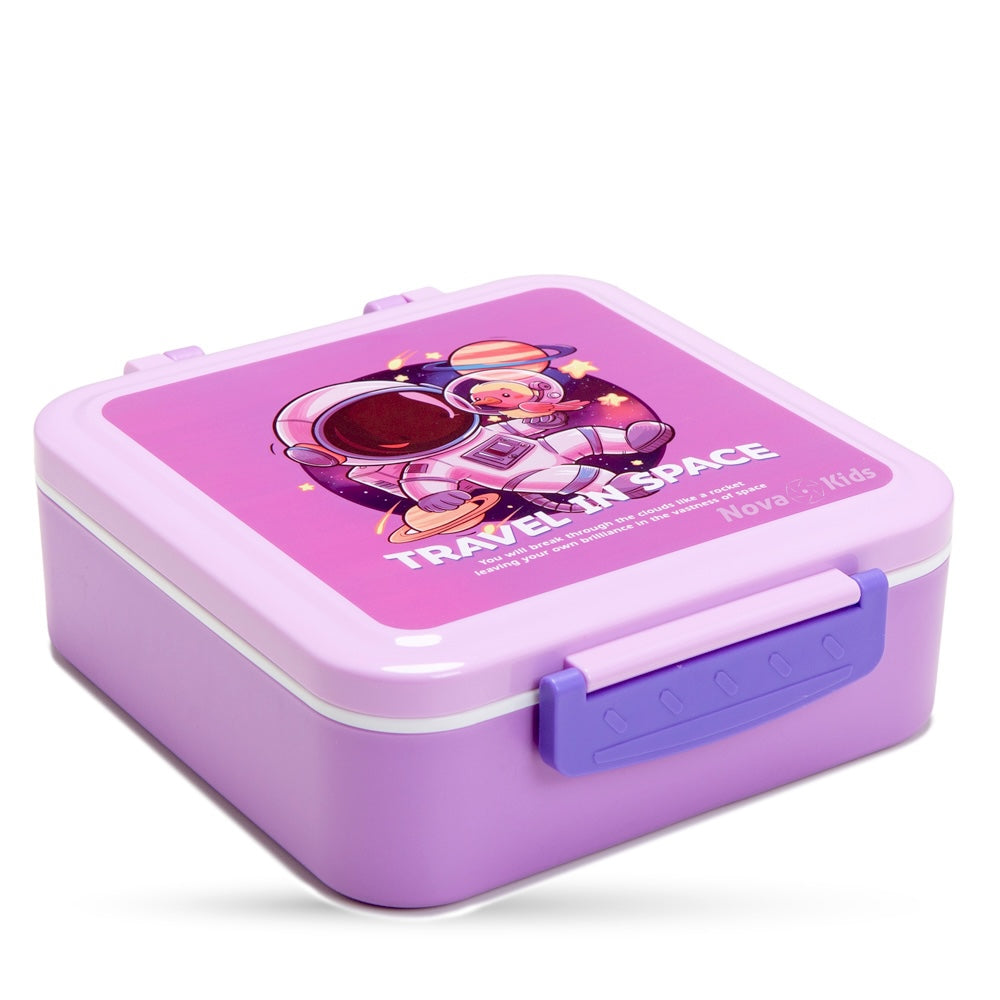 NOVA KIDS 3 Compartment Bento Lunch Box w/ Water Bottle, Spoon & Fork Set and Stainless Steel Jar - Astronaut Purple
