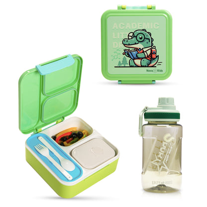 NOVA KIDS 3 Compartment Bento Lunch Box w/ Water Bottle, Spoon & Fork Set and Stainless Steel Jar - Dino Green