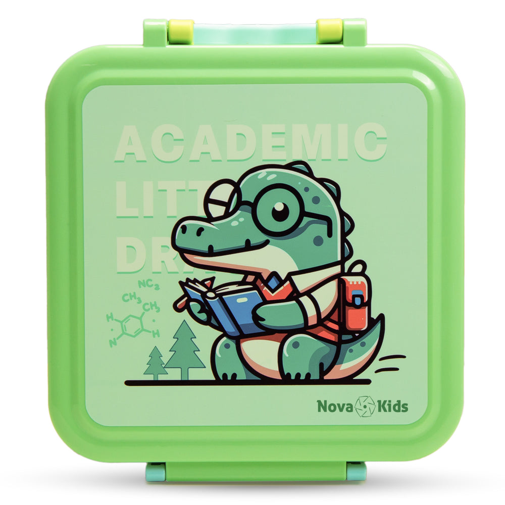NOVA KIDS 3 Compartment Bento Lunch Box w/ Water Bottle, Spoon & Fork Set and Stainless Steel Jar - Dino Green