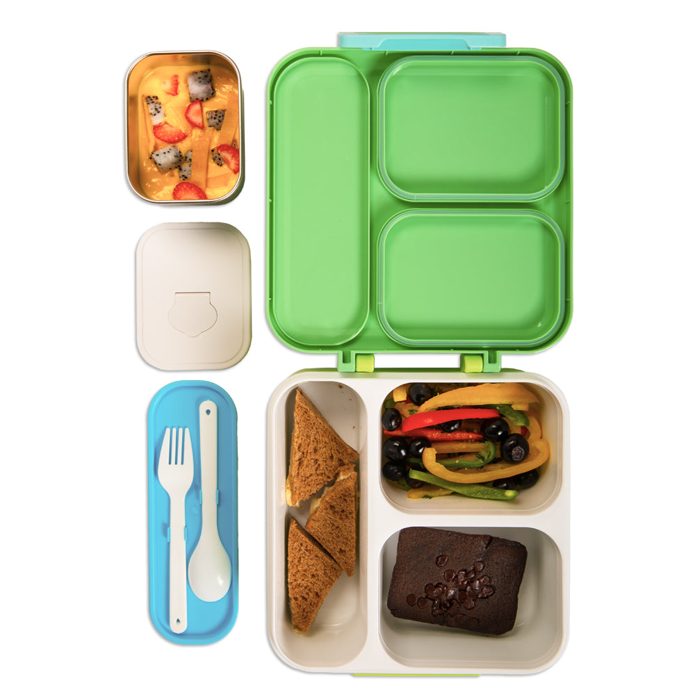 NOVA KIDS 3 Compartment Bento Lunch Box w/ Water Bottle, Spoon & Fork Set and Stainless Steel Jar - Dino Green