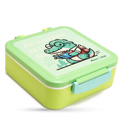 NOVA KIDS 3 Compartment Bento Lunch Box w/ Water Bottle, Spoon & Fork Set and Stainless Steel Jar - Dino Green