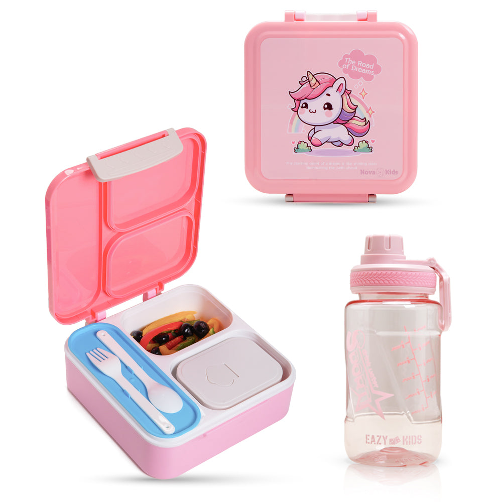 NOVA KIDS 3 Compartment Bento Lunch Box w/ Water Bottle, Spoon & Fork Set and Stainless Steel Jar - Unicorn Pink