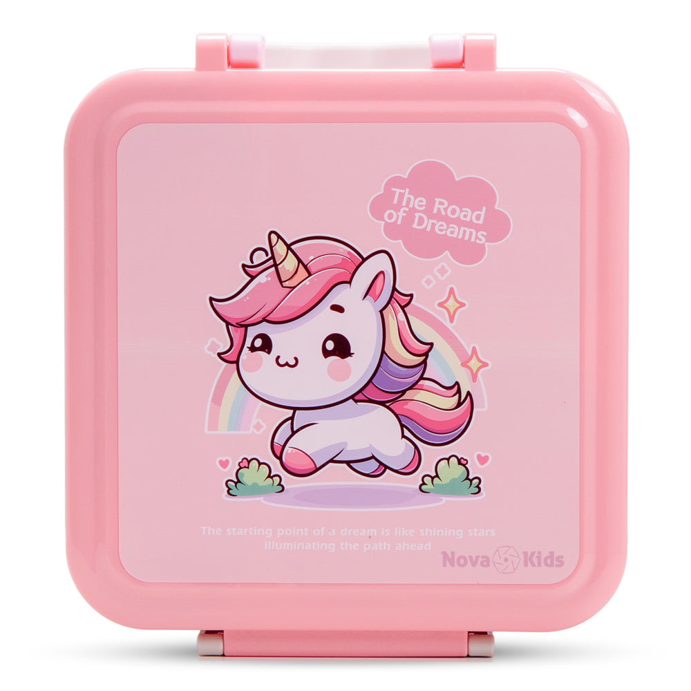 NOVA KIDS 3 Compartment Bento Lunch Box w/ Water Bottle, Spoon & Fork Set and Stainless Steel Jar - Unicorn Pink