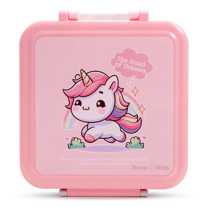 NOVA KIDS 3 Compartment Bento Lunch Box w/ Water Bottle, Spoon & Fork Set and Stainless Steel Jar - Unicorn Pink