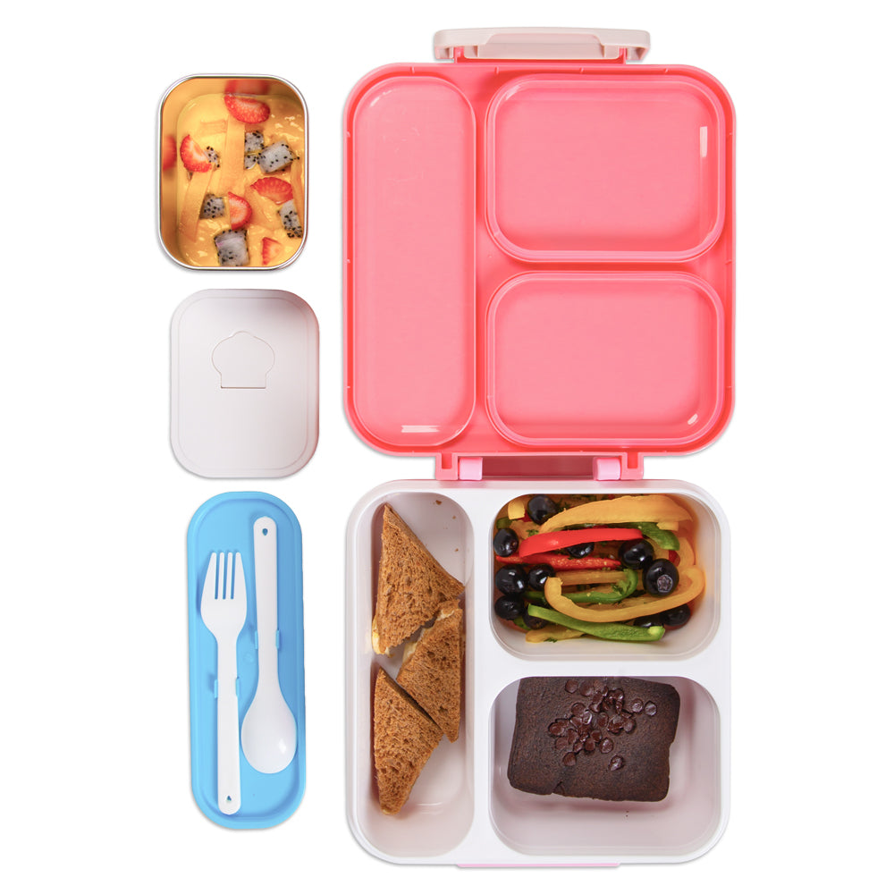 NOVA KIDS 3 Compartment Bento Lunch Box w/ Water Bottle, Spoon & Fork Set and Stainless Steel Jar - Unicorn Pink