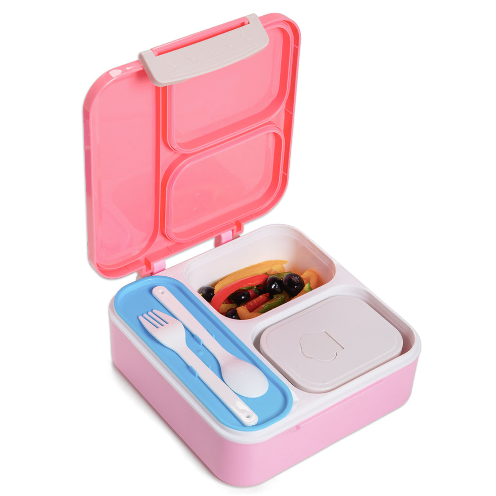 NOVA KIDS 3 Compartment Bento Lunch Box w/ Water Bottle, Spoon & Fork Set and Stainless Steel Jar - Unicorn Pink