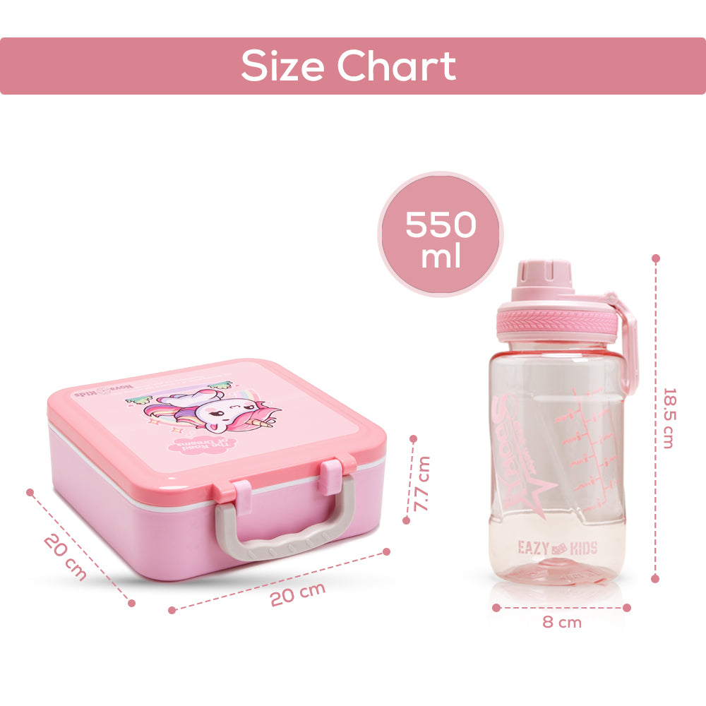 NOVA KIDS 3 Compartment Bento Lunch Box w/ Water Bottle, Spoon & Fork Set and Stainless Steel Jar - Unicorn Pink