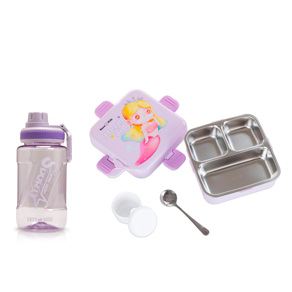 NOVA KIDS Stainless Steel 3 Compartment Bento Lunch Box w/ Water Bottle, Spoon and Sauce Box - Mermaid Purple