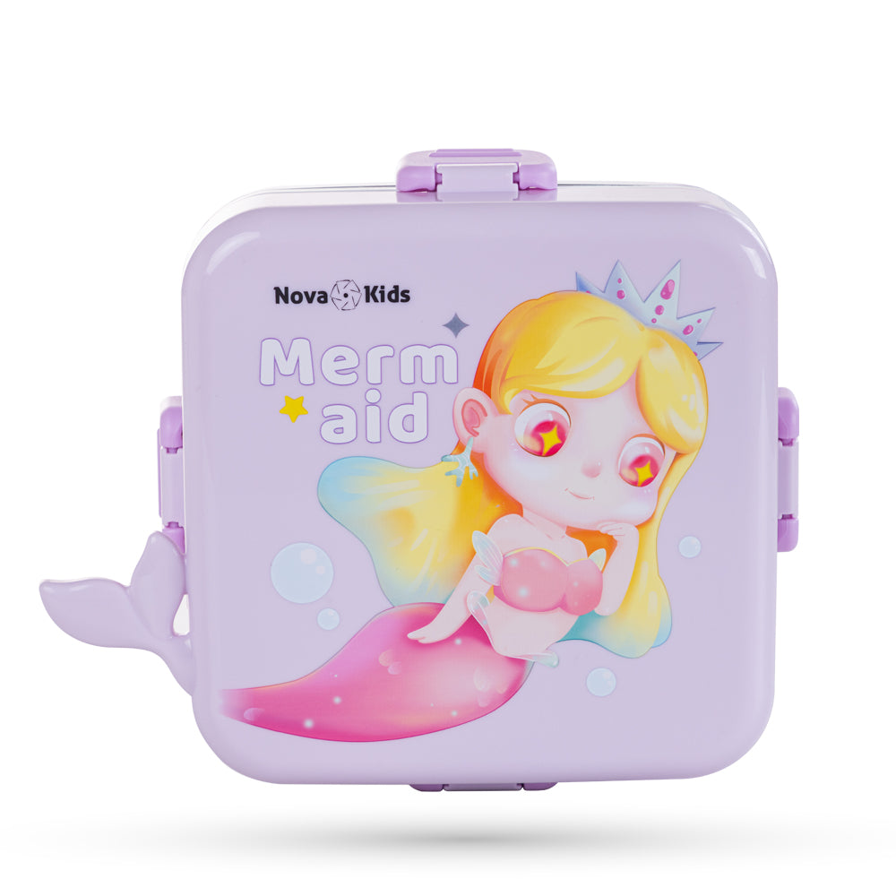 NOVA KIDS Stainless Steel 3 Compartment Bento Lunch Box w/ Water Bottle, Spoon and Sauce Box - Mermaid Purple