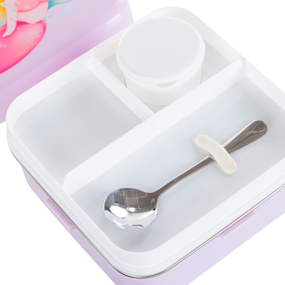 NOVA KIDS Stainless Steel 3 Compartment Bento Lunch Box w/ Water Bottle, Spoon and Sauce Box - Mermaid Purple