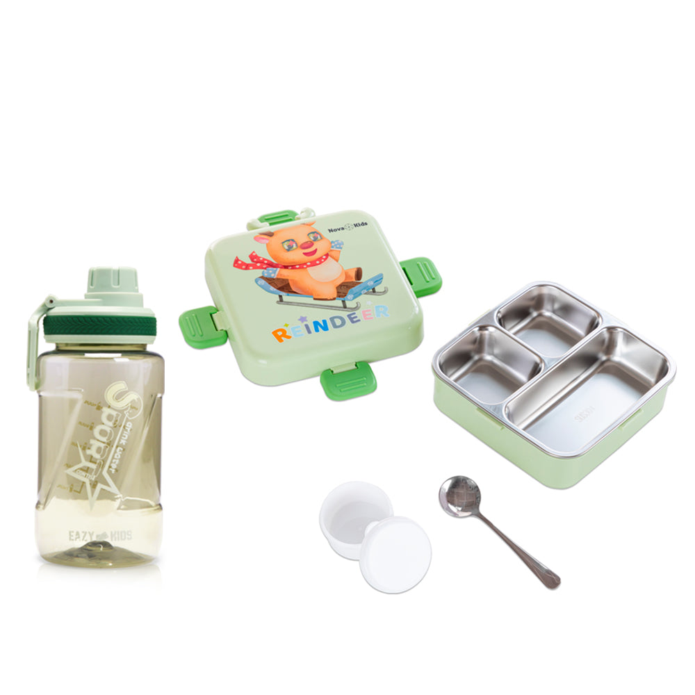 NOVA KIDS Stainless Steel 3 Compartment Bento Lunch Box w/ Water Bottle, Spoon and Sauce Box - Reindeer Green