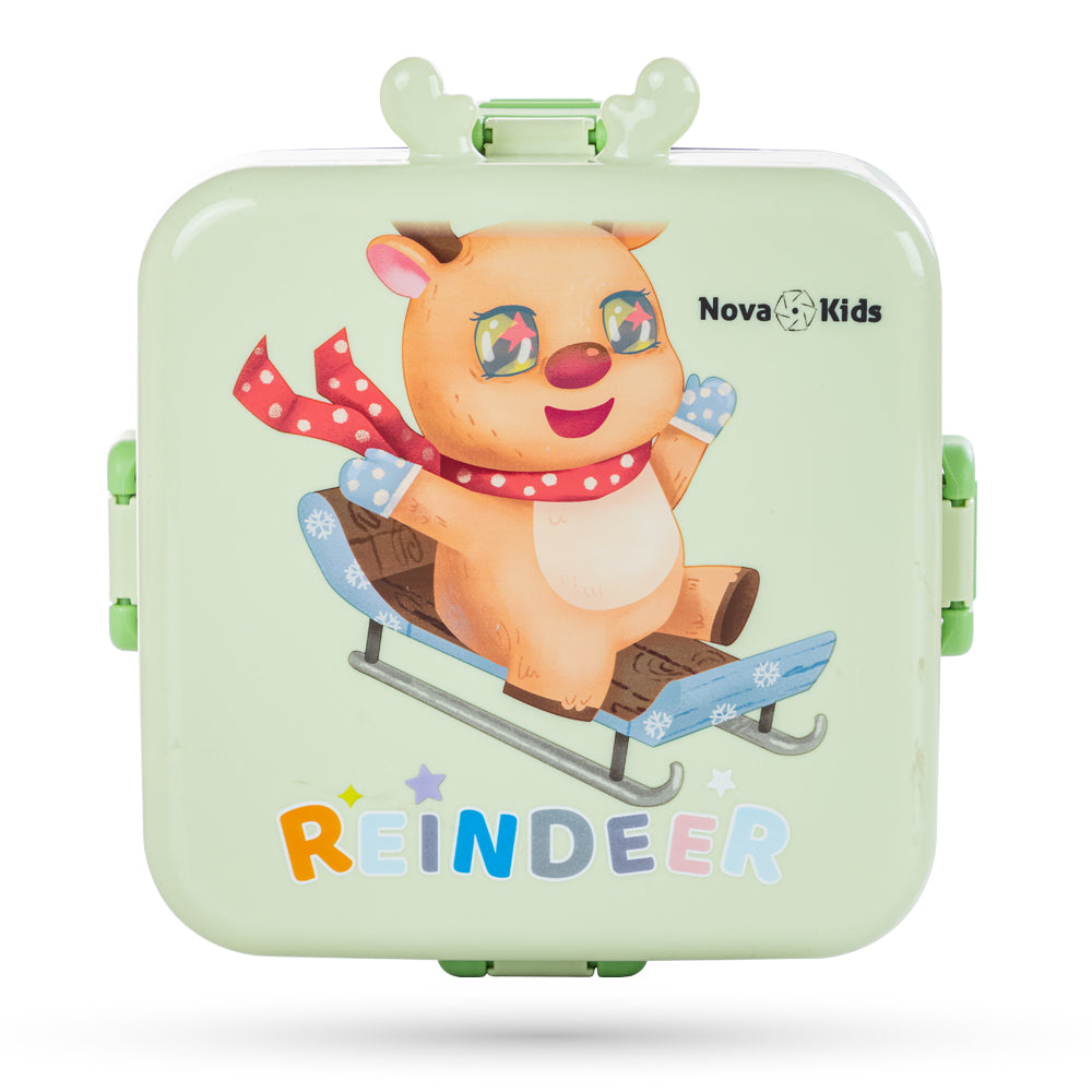 NOVA KIDS Stainless Steel 3 Compartment Bento Lunch Box w/ Water Bottle, Spoon and Sauce Box - Reindeer Green