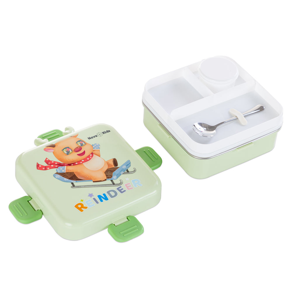 NOVA KIDS Stainless Steel 3 Compartment Bento Lunch Box w/ Water Bottle, Spoon and Sauce Box - Reindeer Green