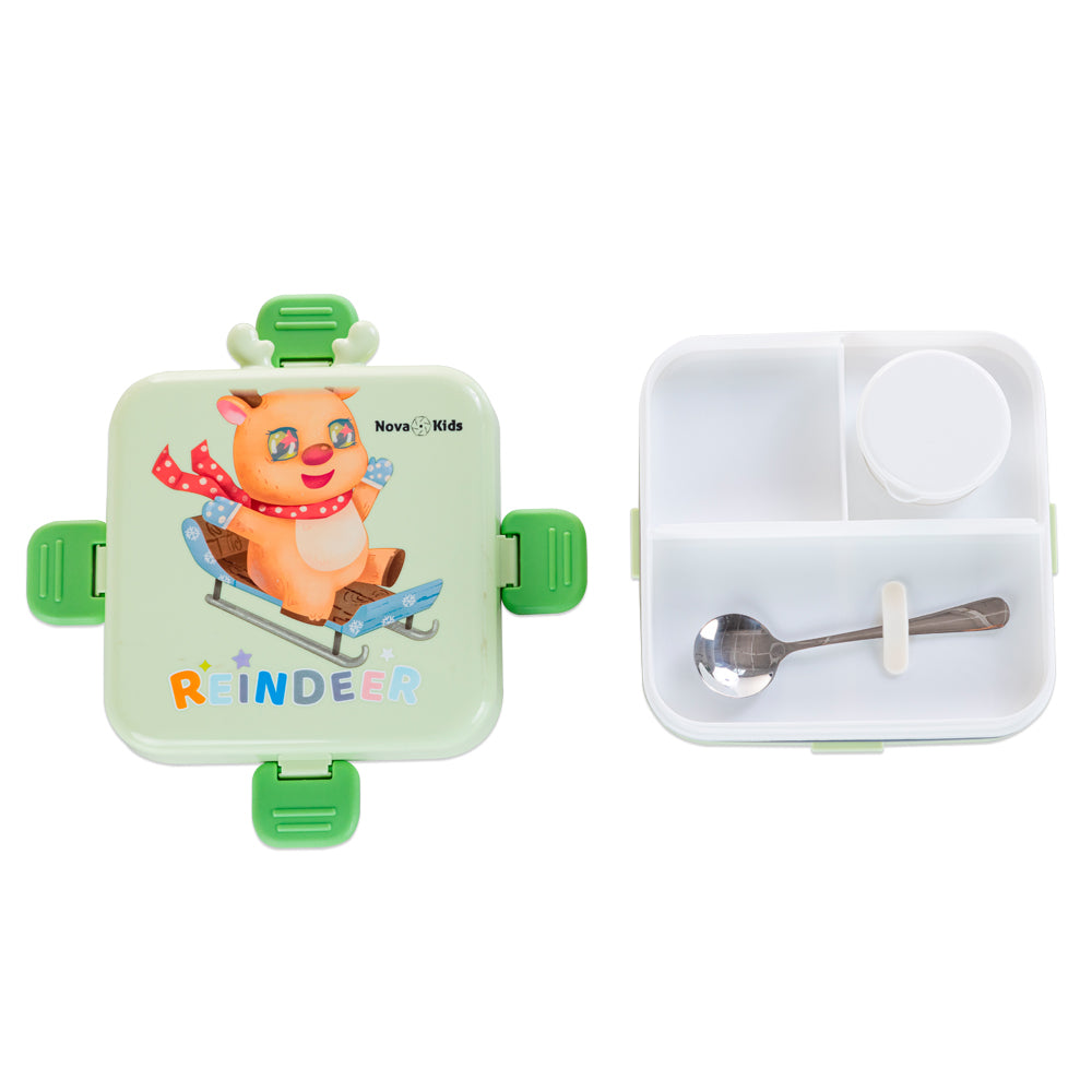 NOVA KIDS Stainless Steel 3 Compartment Bento Lunch Box w/ Water Bottle, Spoon and Sauce Box - Reindeer Green