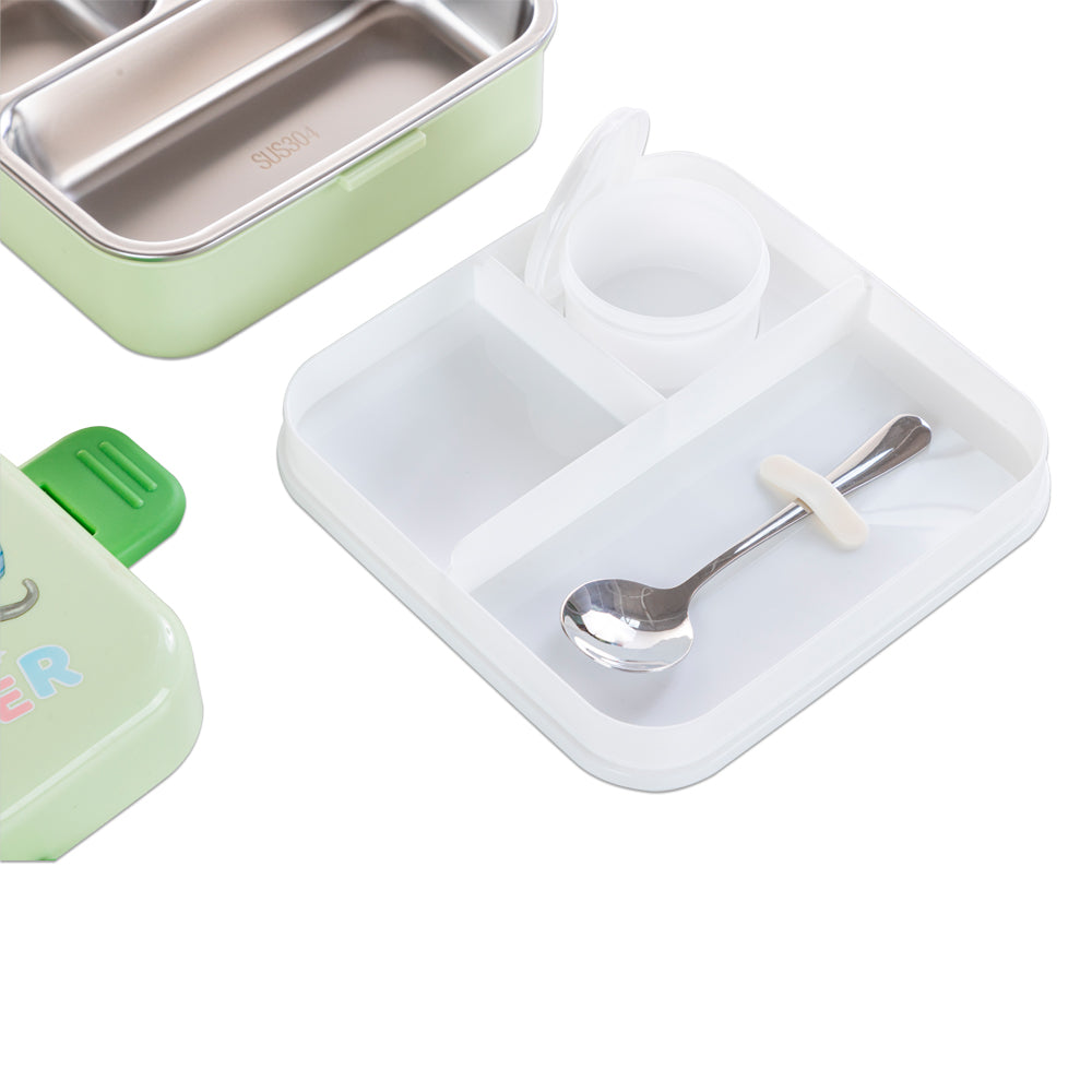 NOVA KIDS Stainless Steel 3 Compartment Bento Lunch Box w/ Water Bottle, Spoon and Sauce Box - Reindeer Green