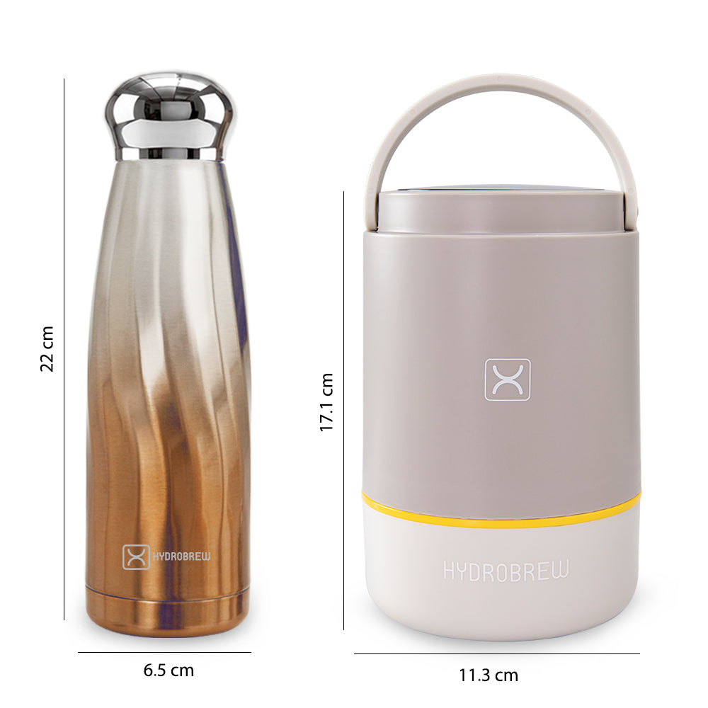 Hydrobrew Triple Decker Stainless Steel Lunch Box 900ml w/ Double Wall Stainless Steel Water Bottle 420ml – Desert Sand