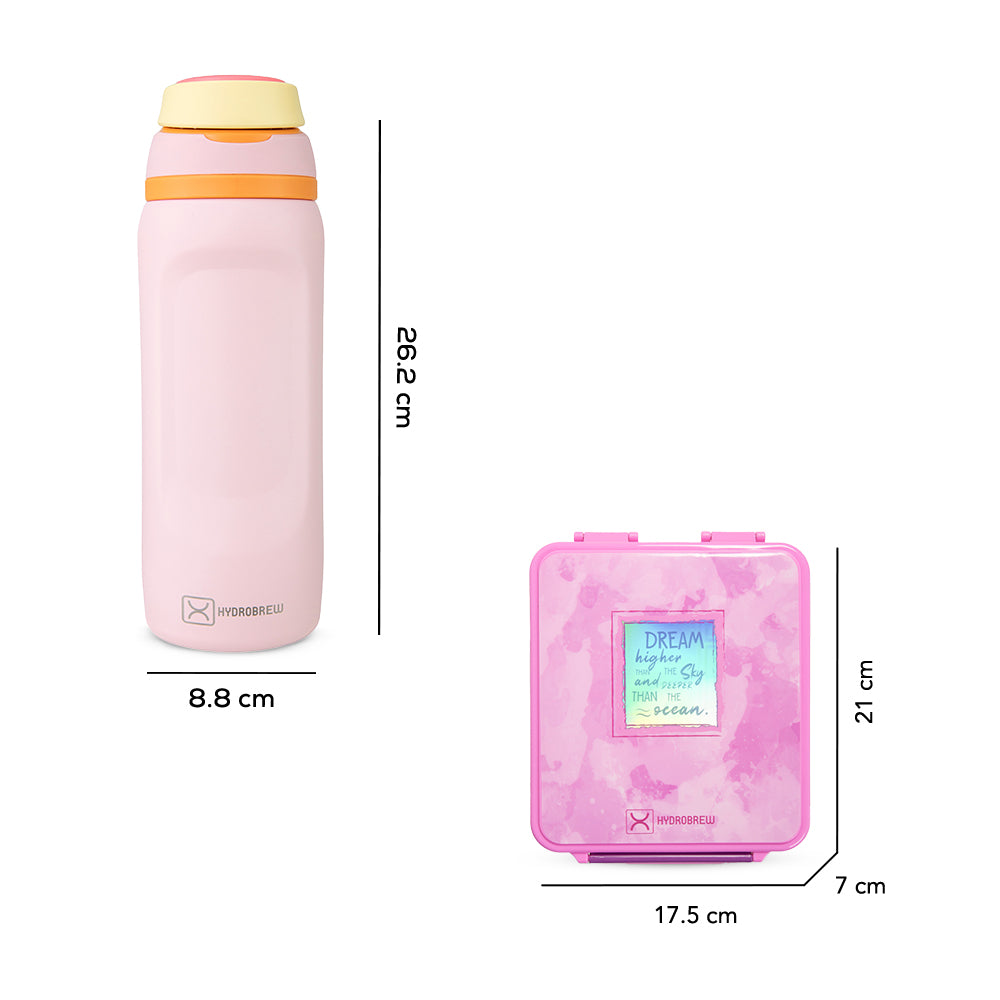 Hydrobrew Bento Lunch Box 1.74L w/ Steel Food Jar & Sip Switch Water Bottle 1000ml | Leakproof Meal Box – Dream Pink