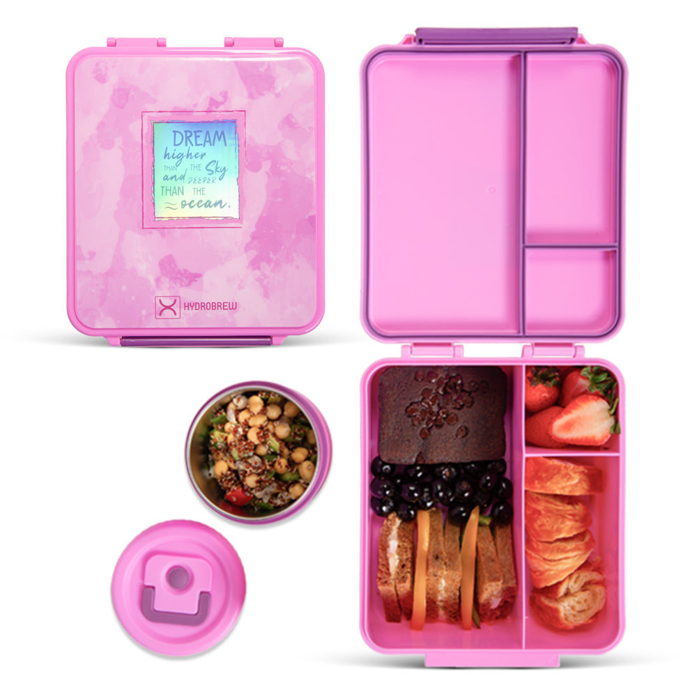 Hydrobrew Bento Lunch Box 1.74L w/ Steel Food Jar & Sip Switch Water Bottle 1000ml | Leakproof Meal Box – Dream Pink