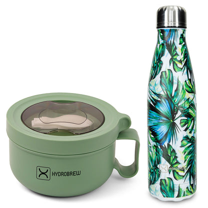 Hydrobrew Lunch Box 850ml w/ Double Wall Stainless Steel Water Bottle 500ml – Green