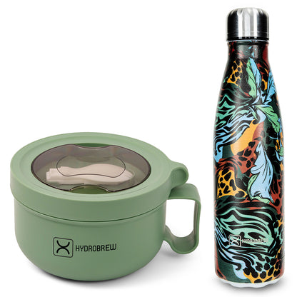 Hydrobrew Lunch Box with Folding Spoon & Double Wall Stainless Steel Water Bottle 500ml – Green