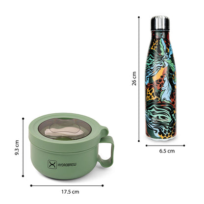 Hydrobrew Lunch Box with Folding Spoon & Double Wall Stainless Steel Water Bottle 500ml – Green