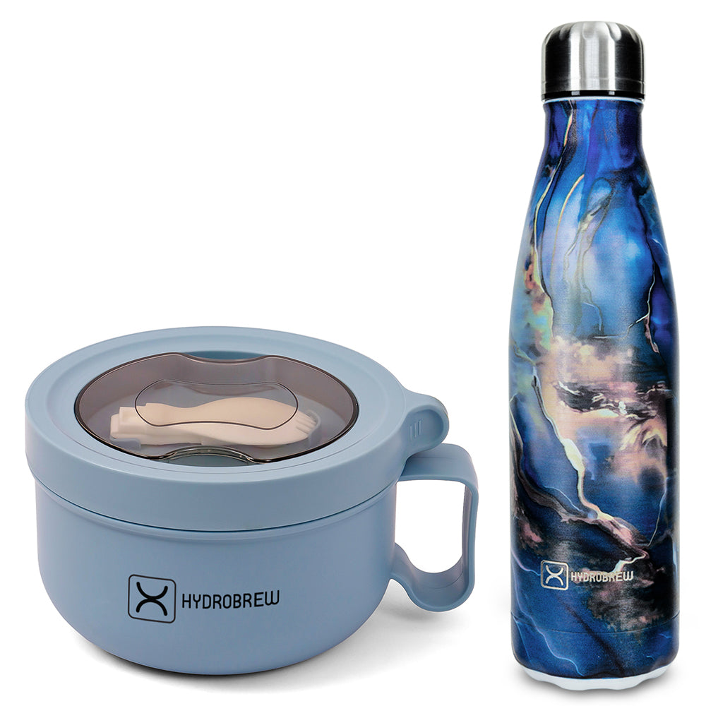 Hydrobrew Lunch Box with Folding Spoon 850ml & Double Wall Stainless Steel Water Bottle 500ml – Blue