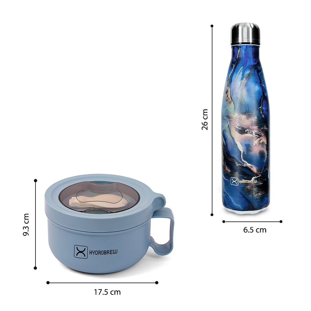 Hydrobrew Lunch Box with Folding Spoon 850ml & Double Wall Stainless Steel Water Bottle 500ml – Blue