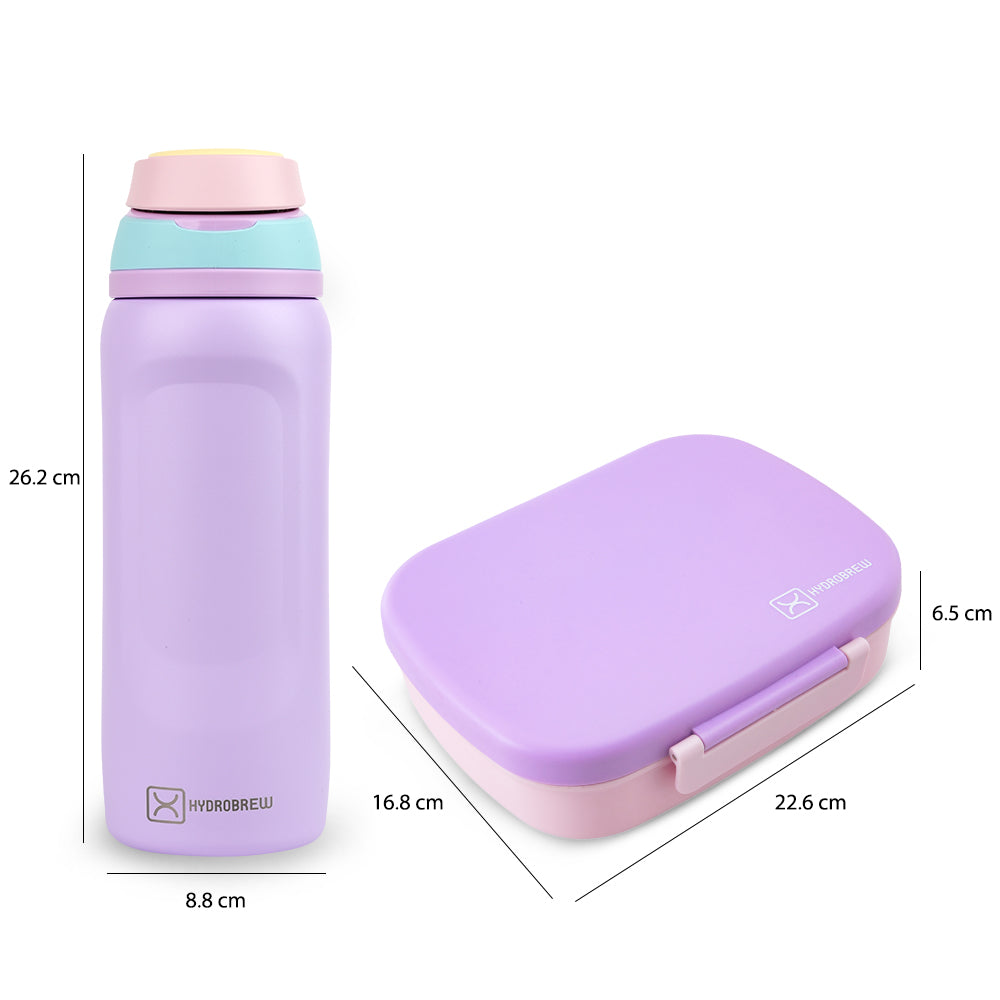 Hydrobrew Smart Serve Bento Lunch Box 1100ml w/ Sip Switch Stainless Steel Water Bottle 1000ml – Lilac Blush