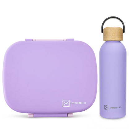 Hydrobrew Smart Serve 5-Compartment Bento Lunch Box 1100ml & Double Wall Stainless Steel Water Bottle 500ml – Purple
