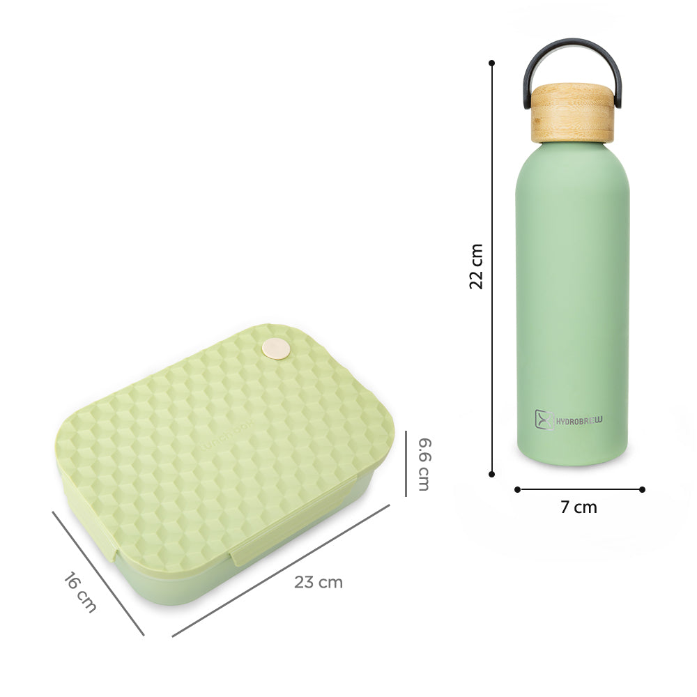 Hydrobrew Smart Serve Bento Lunch Box 1100ml & Double Wall Stainless Steel Water Bottle 500ml – Green