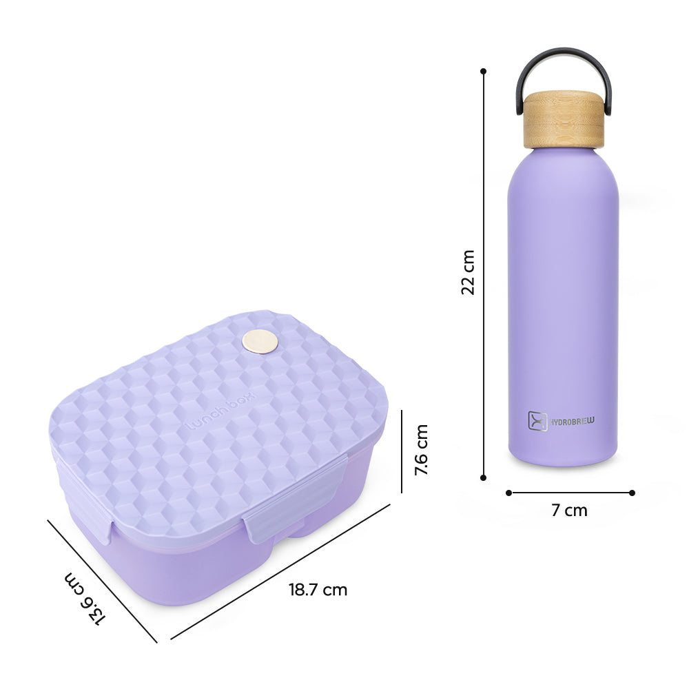 Hydrobrew Smart Serve 3-Compartment Bento Lunch Box 980ml & Double Wall Stainless Steel Water Bottle 500ml – Purple