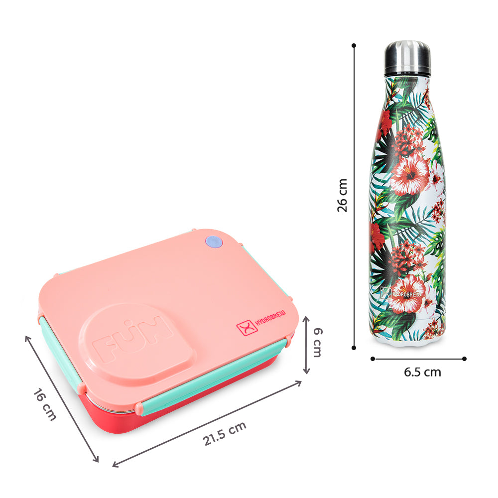 Hydrobrew Steel Core 4 Compartment Lunch Box w/ Double Wall Stainless Steel Water Bottle 500ml – Pink Sorbet