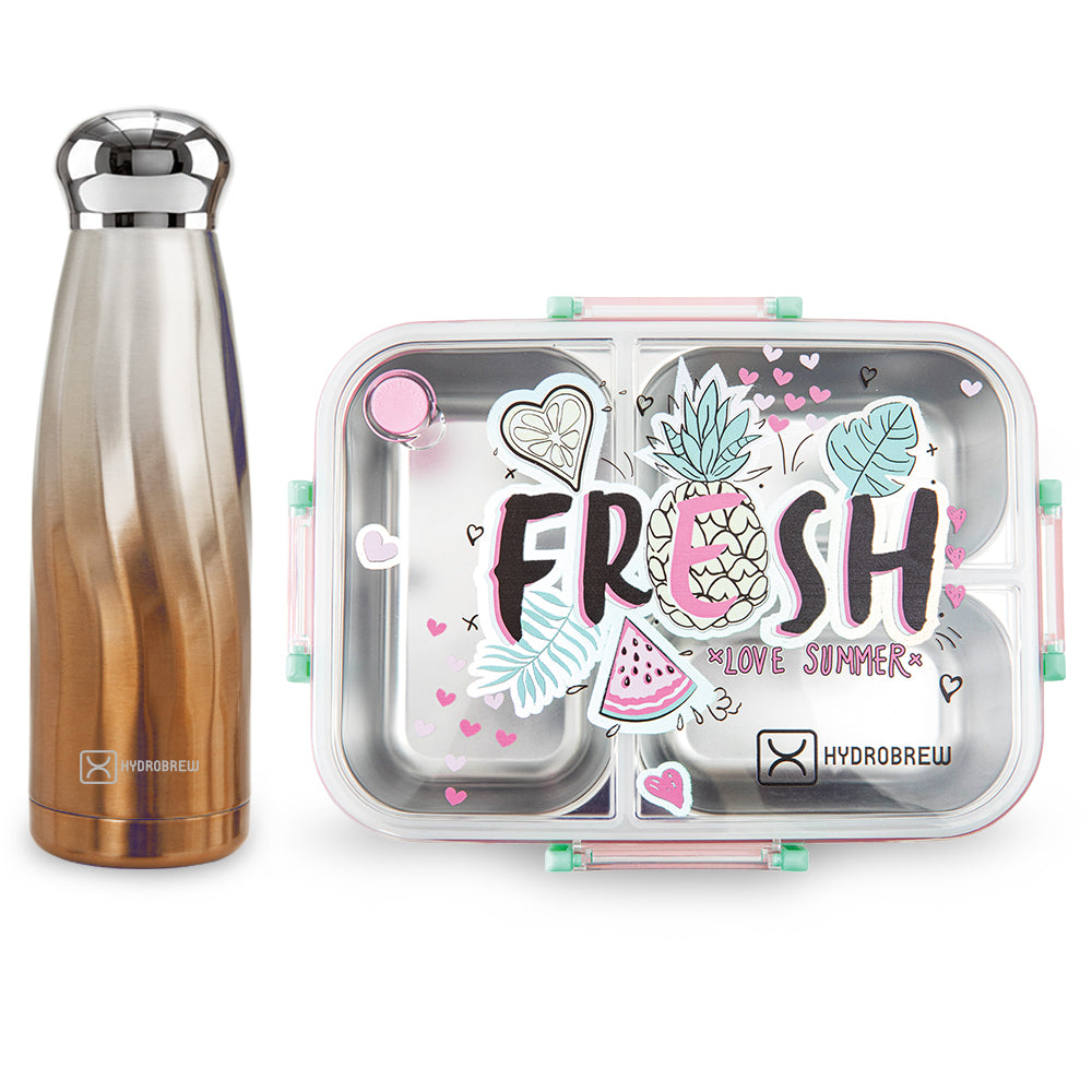 Hydrobrew Steel Core 3 Compartment Lunch Box 750ml w/ Double Wall Stainless Steel Water Bottle 420ml – Fresh Pink