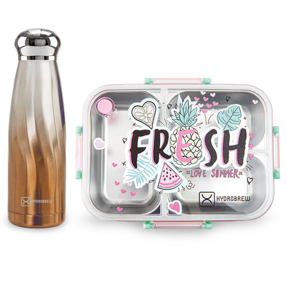 Hydrobrew Steel Core 3 Compartment Lunch Box 750ml w/ Double Wall Stainless Steel Water Bottle 420ml – Fresh Pink