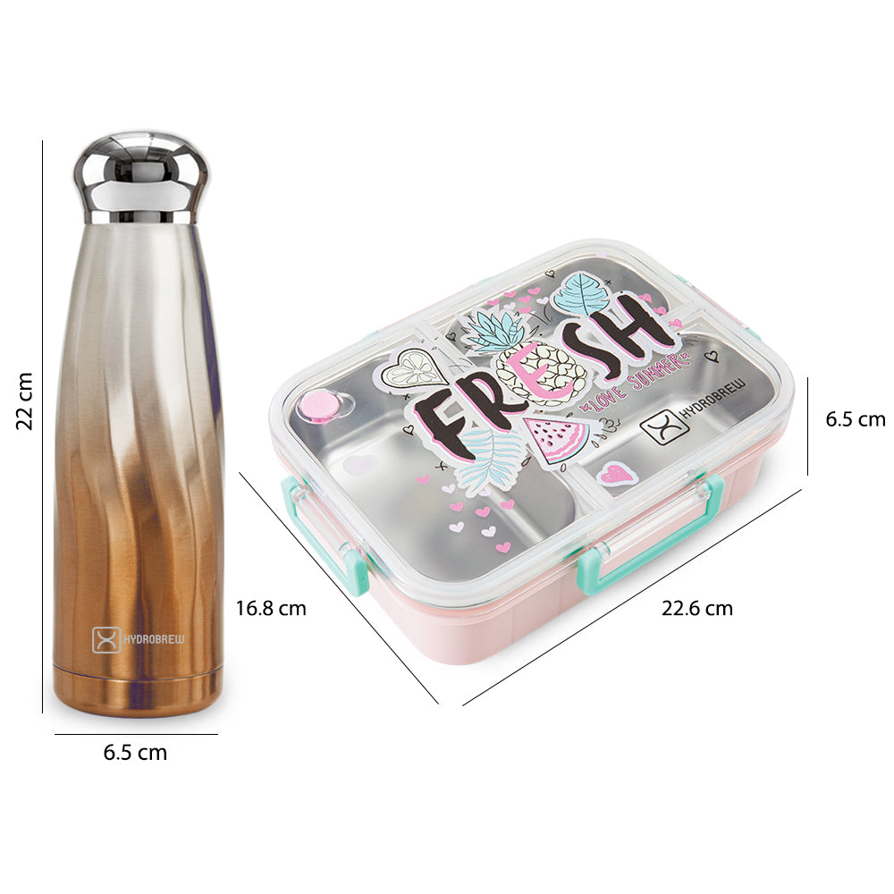 Hydrobrew Steel Core 3 Compartment Lunch Box 750ml w/ Double Wall Stainless Steel Water Bottle 420ml – Fresh Pink