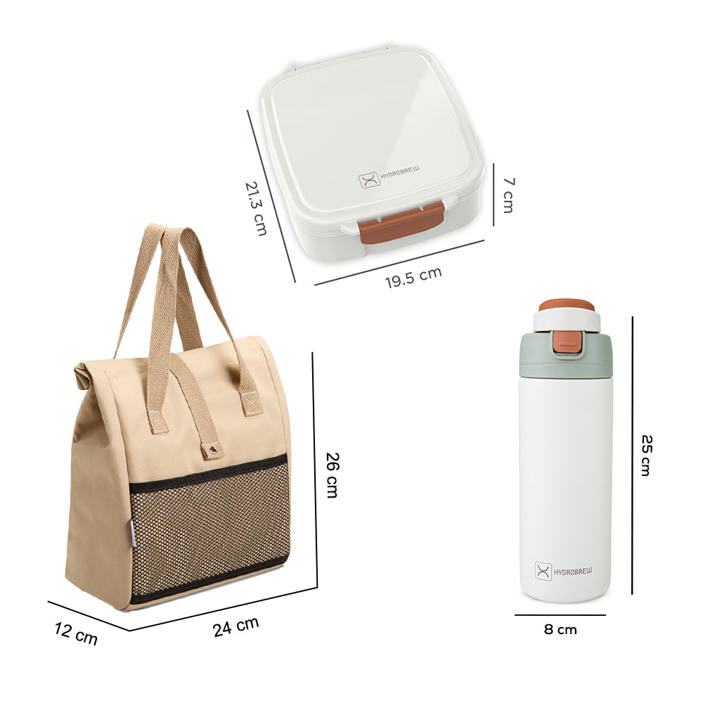 Hydrobrew Mega Flex Bento Lunch Box 1864ml w/ Lunch Bag & 720ml Bottle | Leakproof Meal Set – Ivory Terracotta