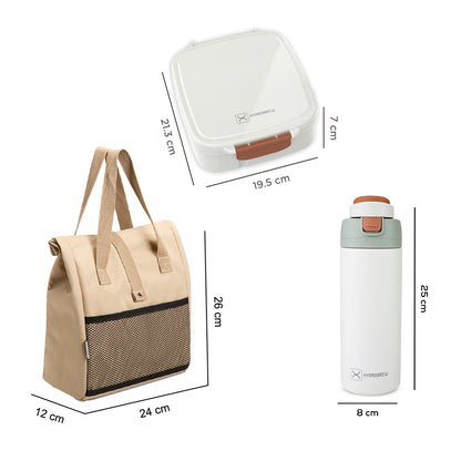 Hydrobrew Mega Flex Bento Lunch Box 1864ml w/ Lunch Bag & 720ml Bottle | Leakproof Meal Set – Ivory Terracotta