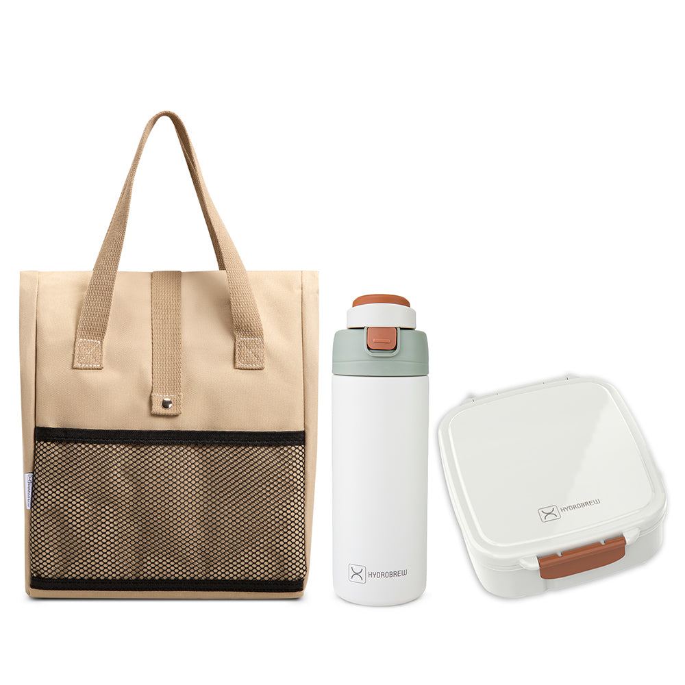 Hydrobrew Mega Flex Bento Lunch Box 1864ml w/ Lunch Bag & 720ml Bottle | Leakproof Meal Set – Ivory Terracotta